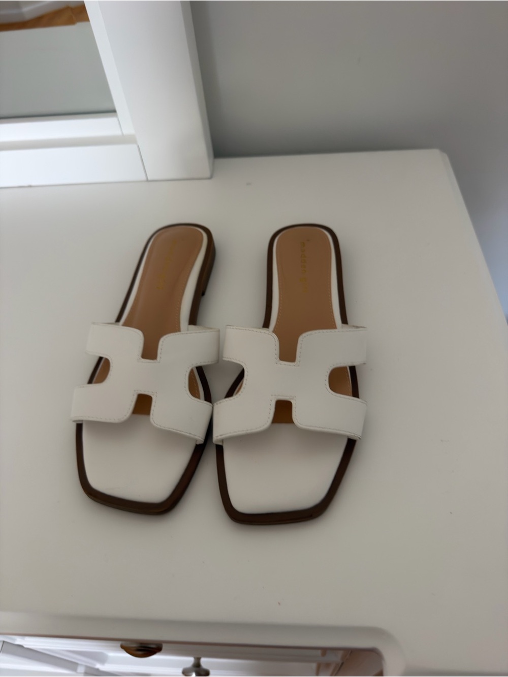Madden Girl White Cutout Slide Sandals with Tan Insole